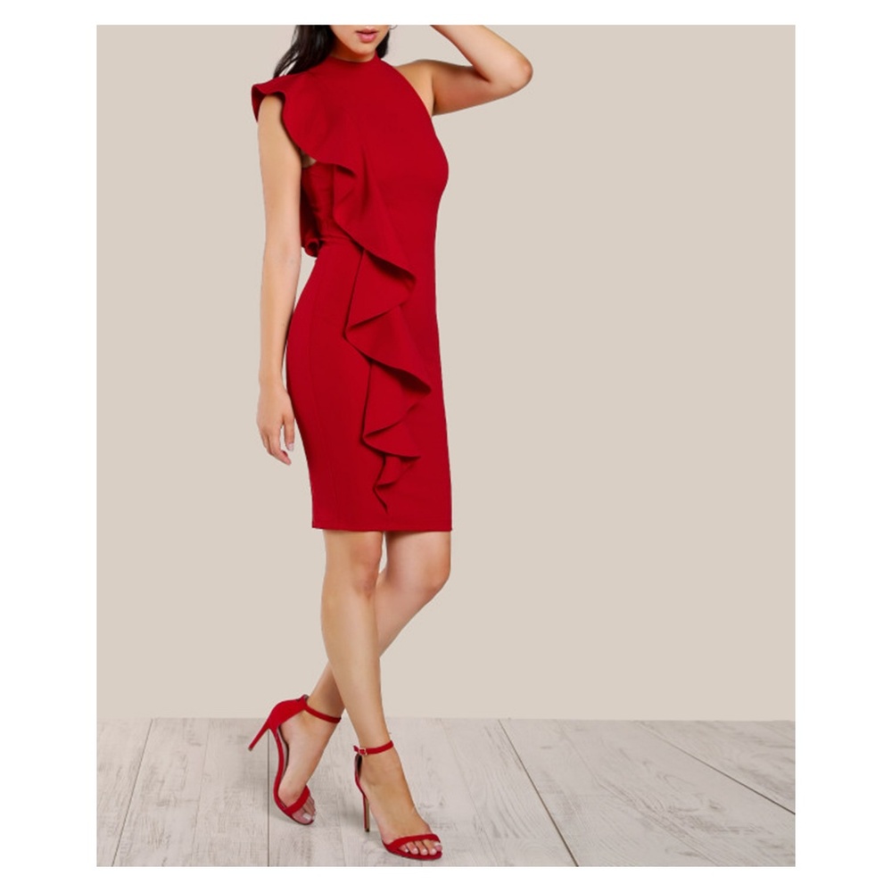 Deep Red Sleeveless Ruffle Bodycon Dress - Picture 5 of 5